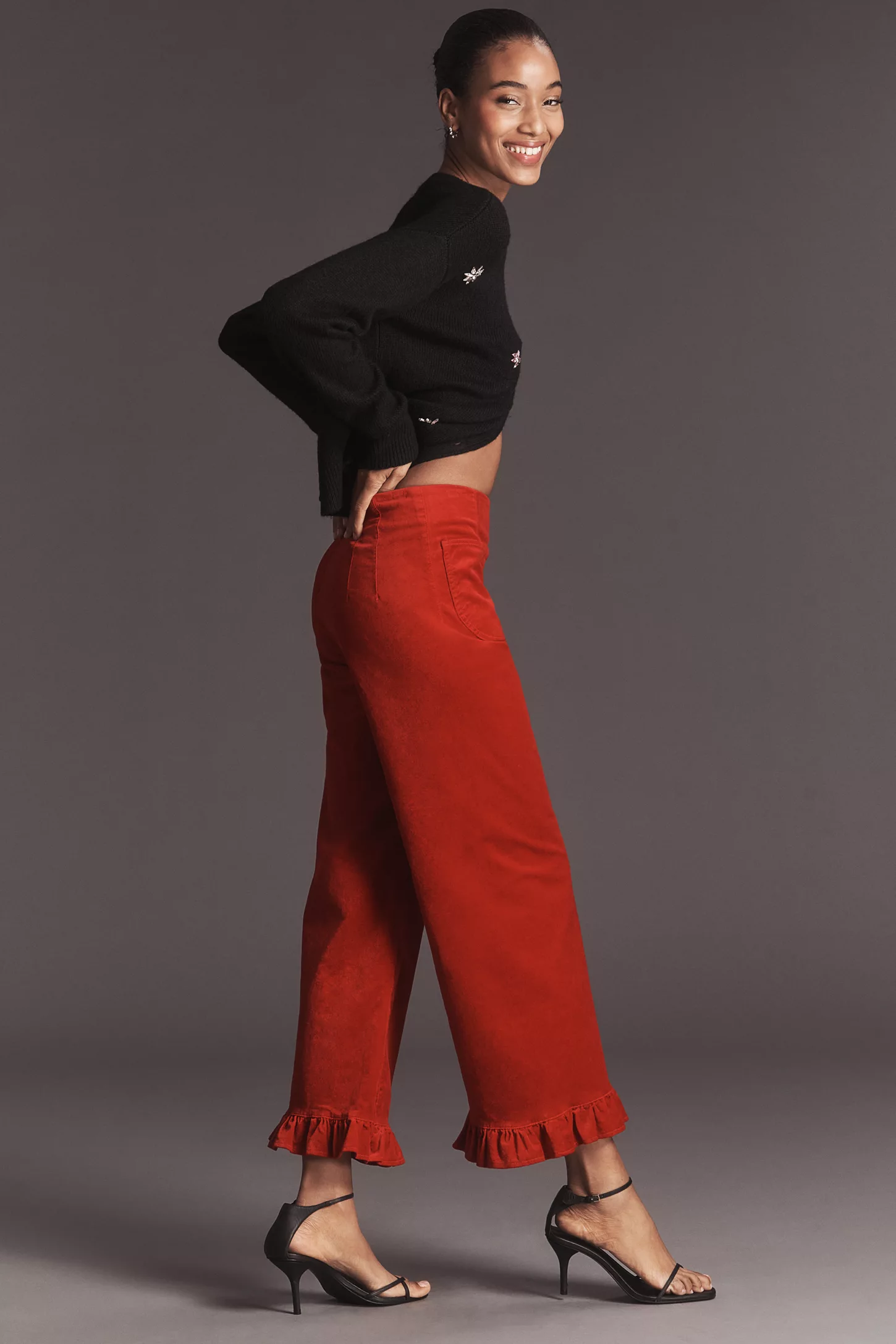The Colette Crop Velvet Ruffle-Hem Pants