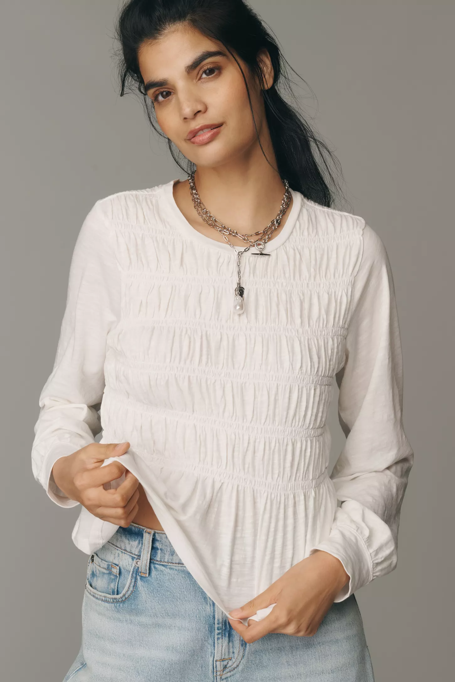 Pilcro Long-Sleeve Smocked Top