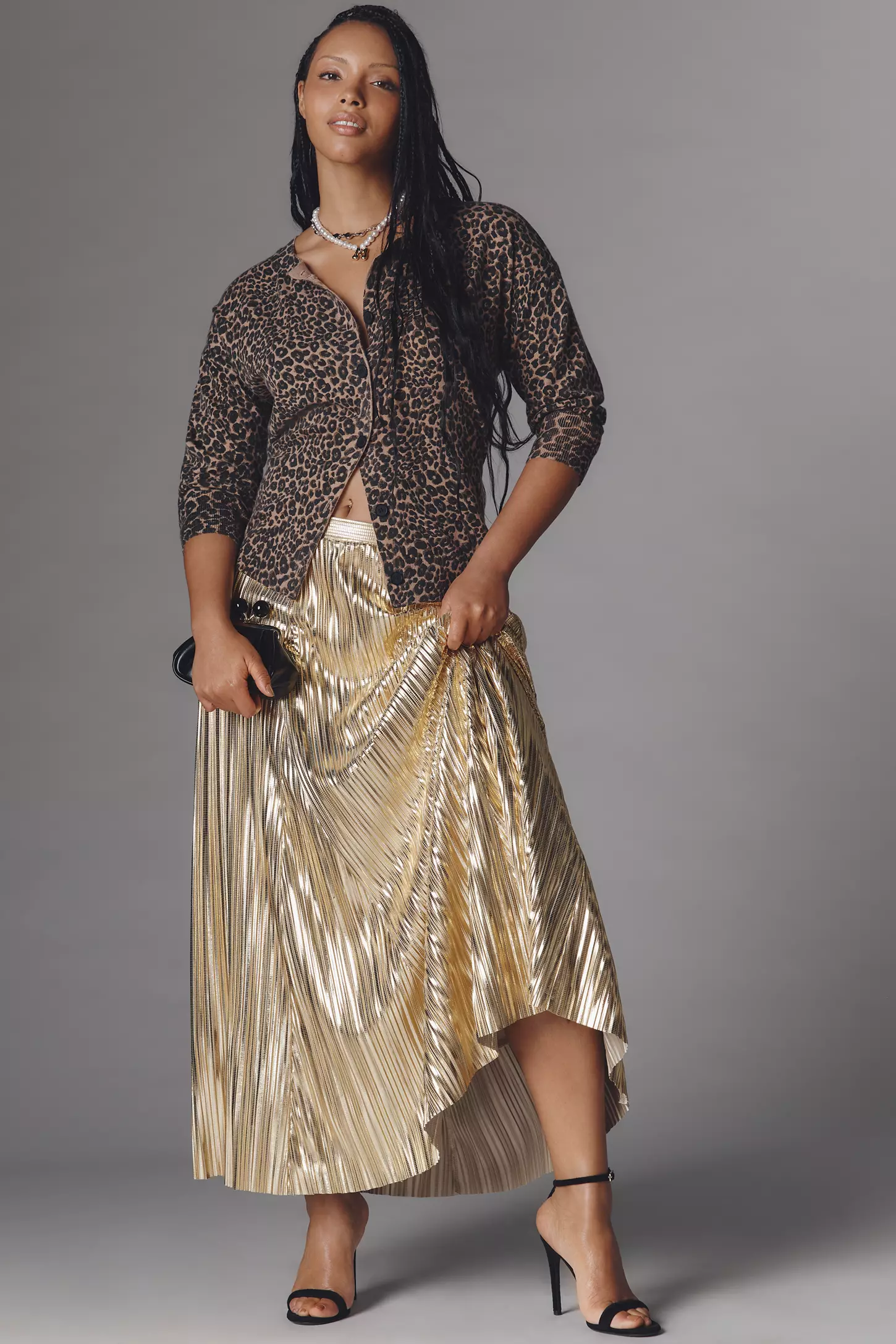 Metallic Pleated Midi Skirt