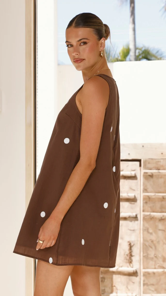 Natala Shift Mini Dress - Chocolate / White Polka Dot