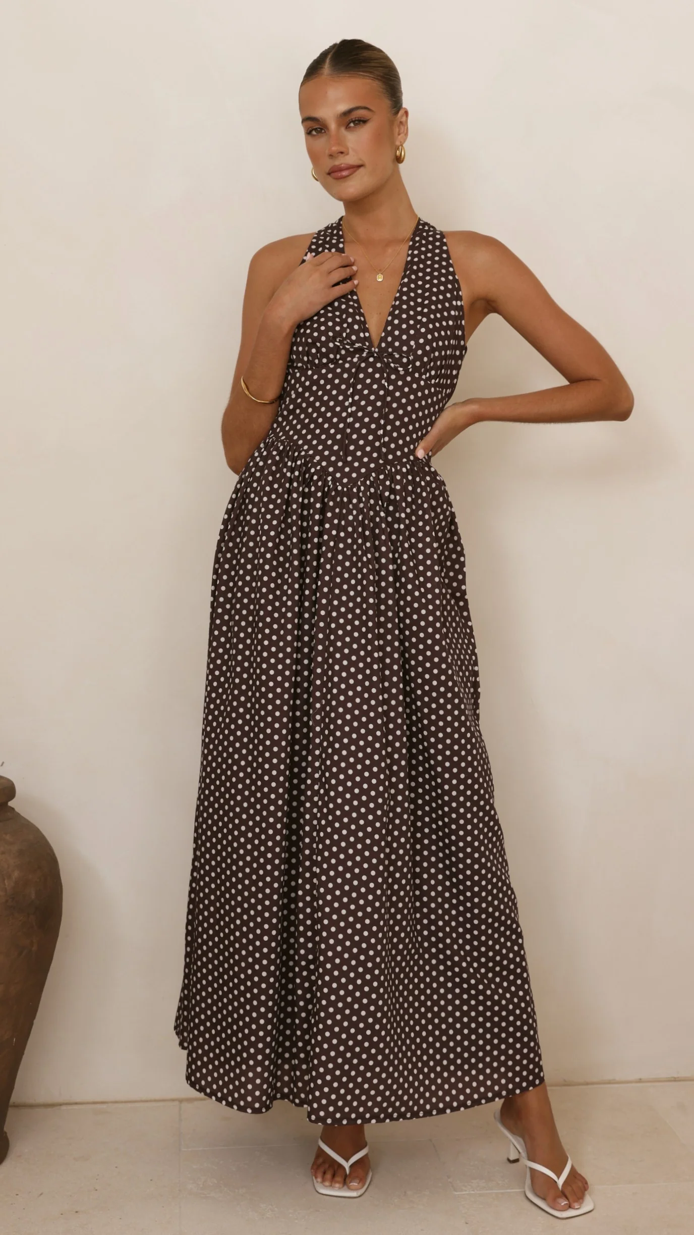 Rachel Tie Back Maxi Dress - Chocolate/White Spot