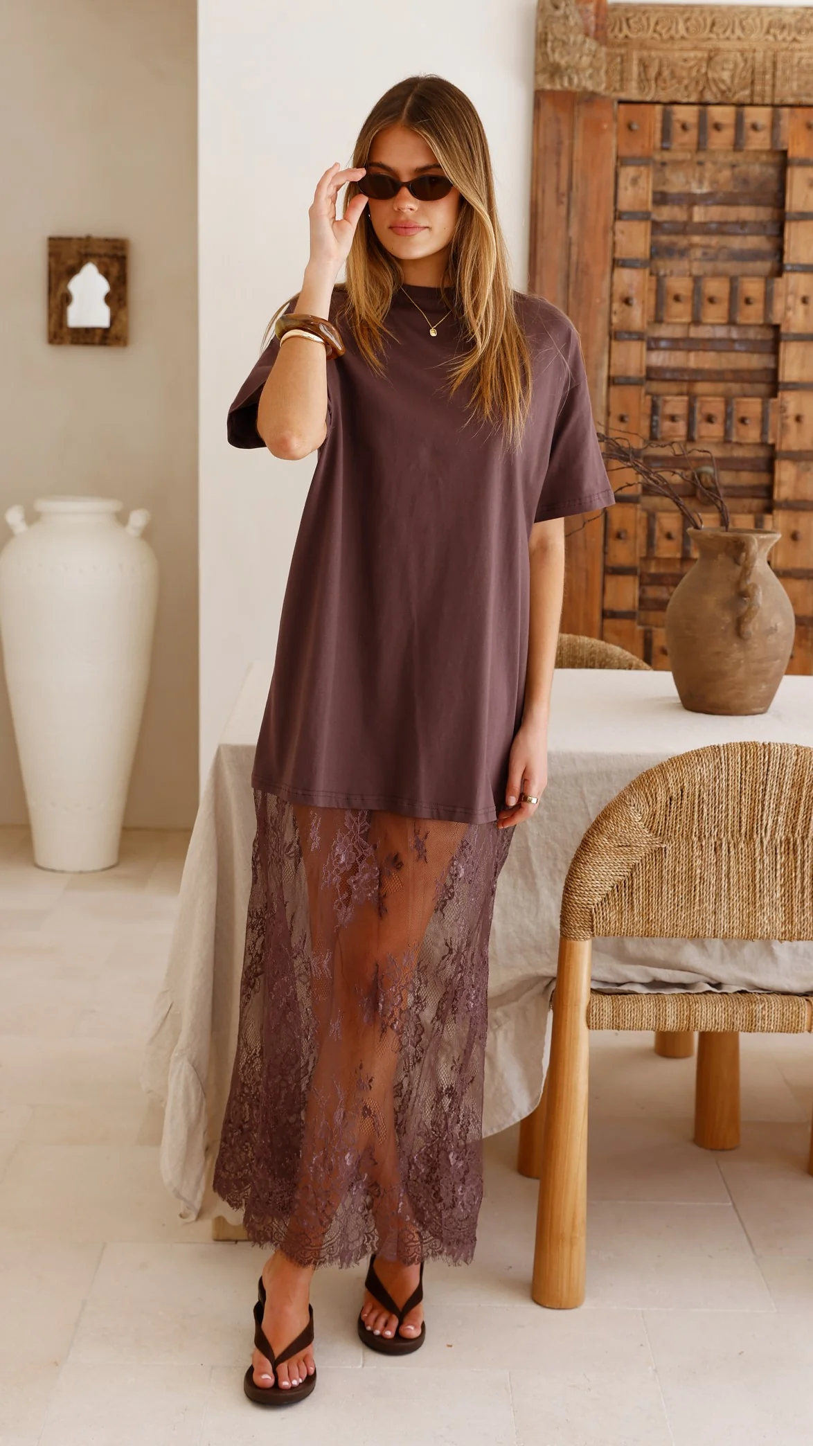 Raina T-Shirt Maxi Dress - Brown Lace