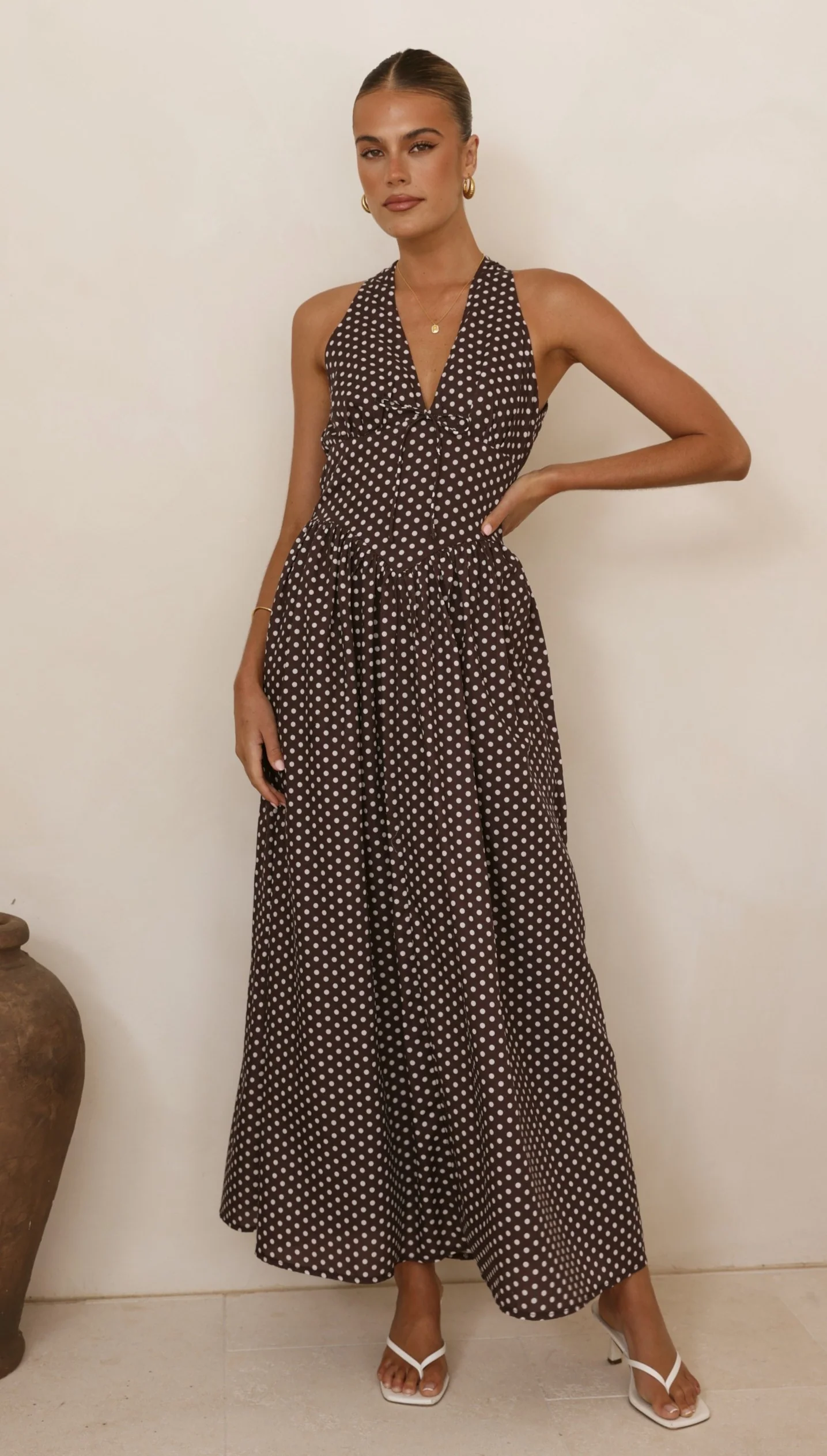 Rachel Tie Back Maxi Dress - Chocolate/White Spot