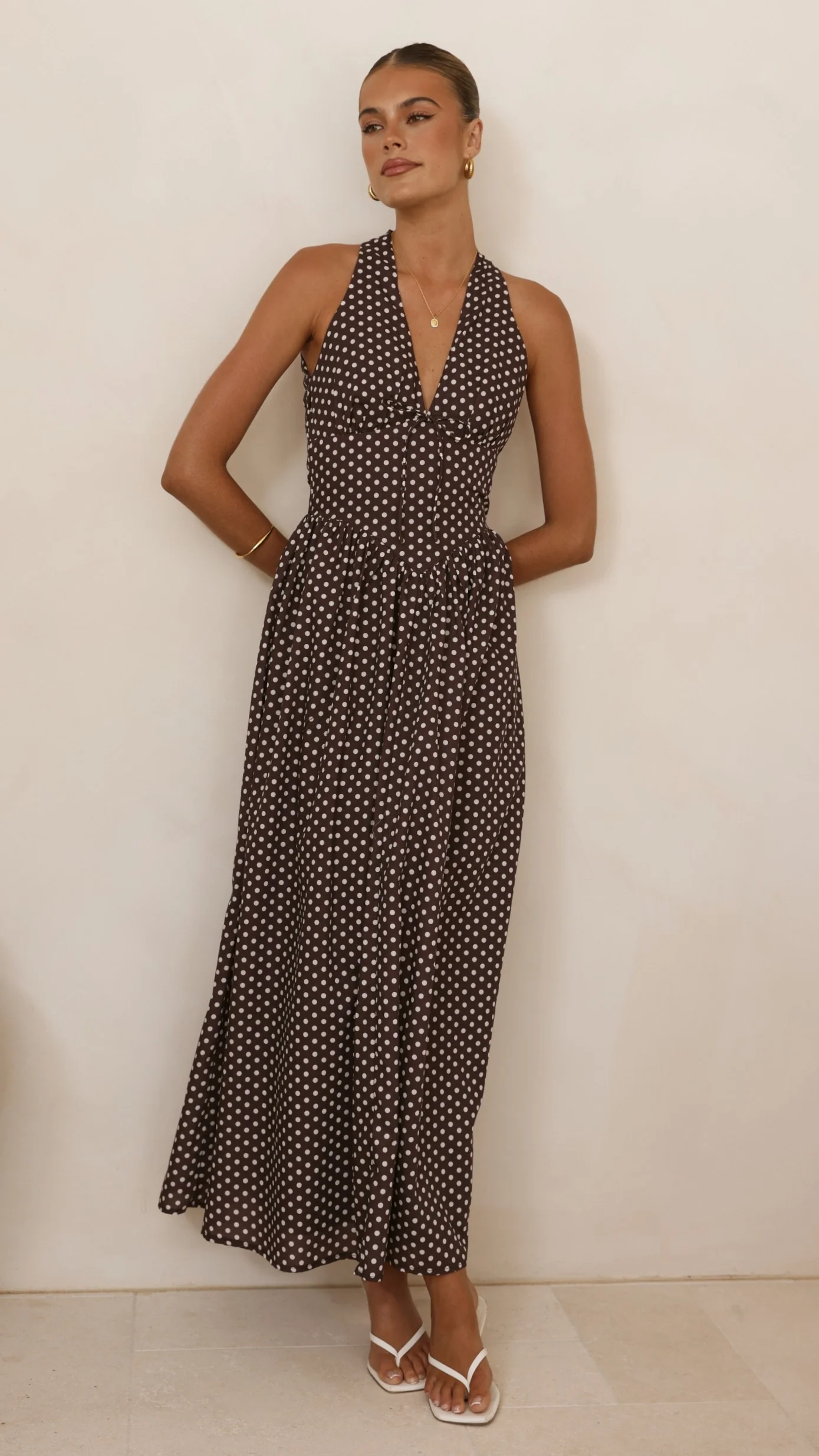 Rachel Tie Back Maxi Dress - Chocolate/White Spot