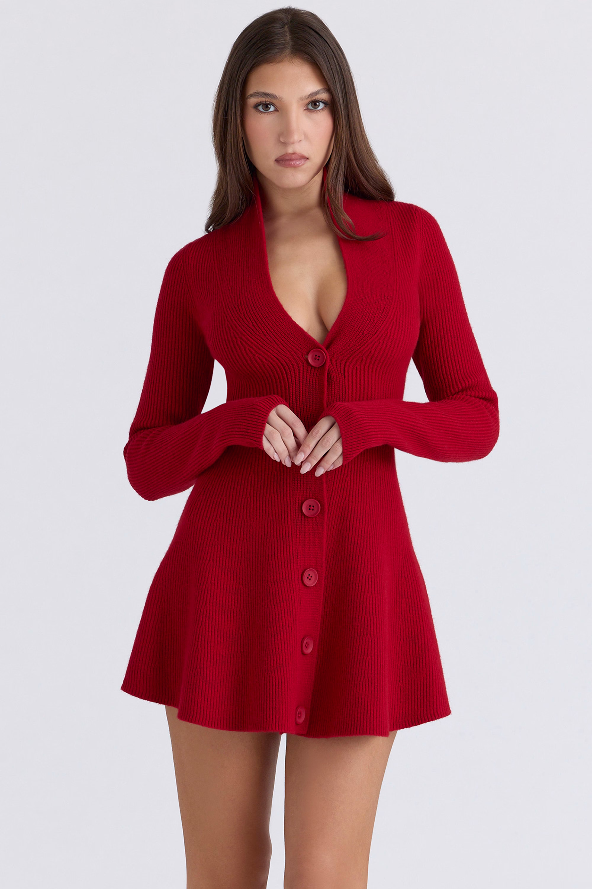 red pure new wool cardigan mini dress