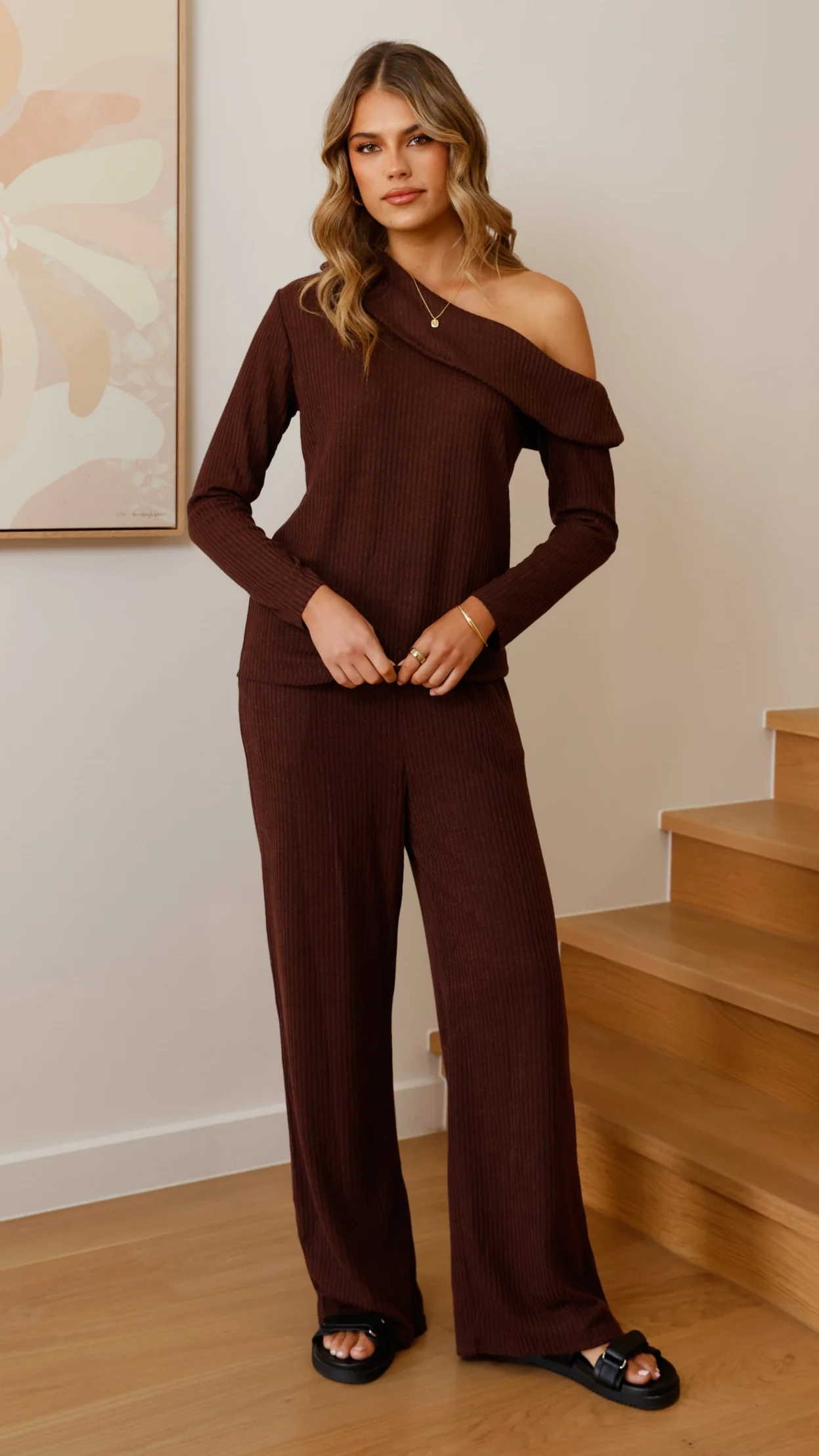 Harini Off Shoulder Long Sleeve Top and Pants Set - Chocolate