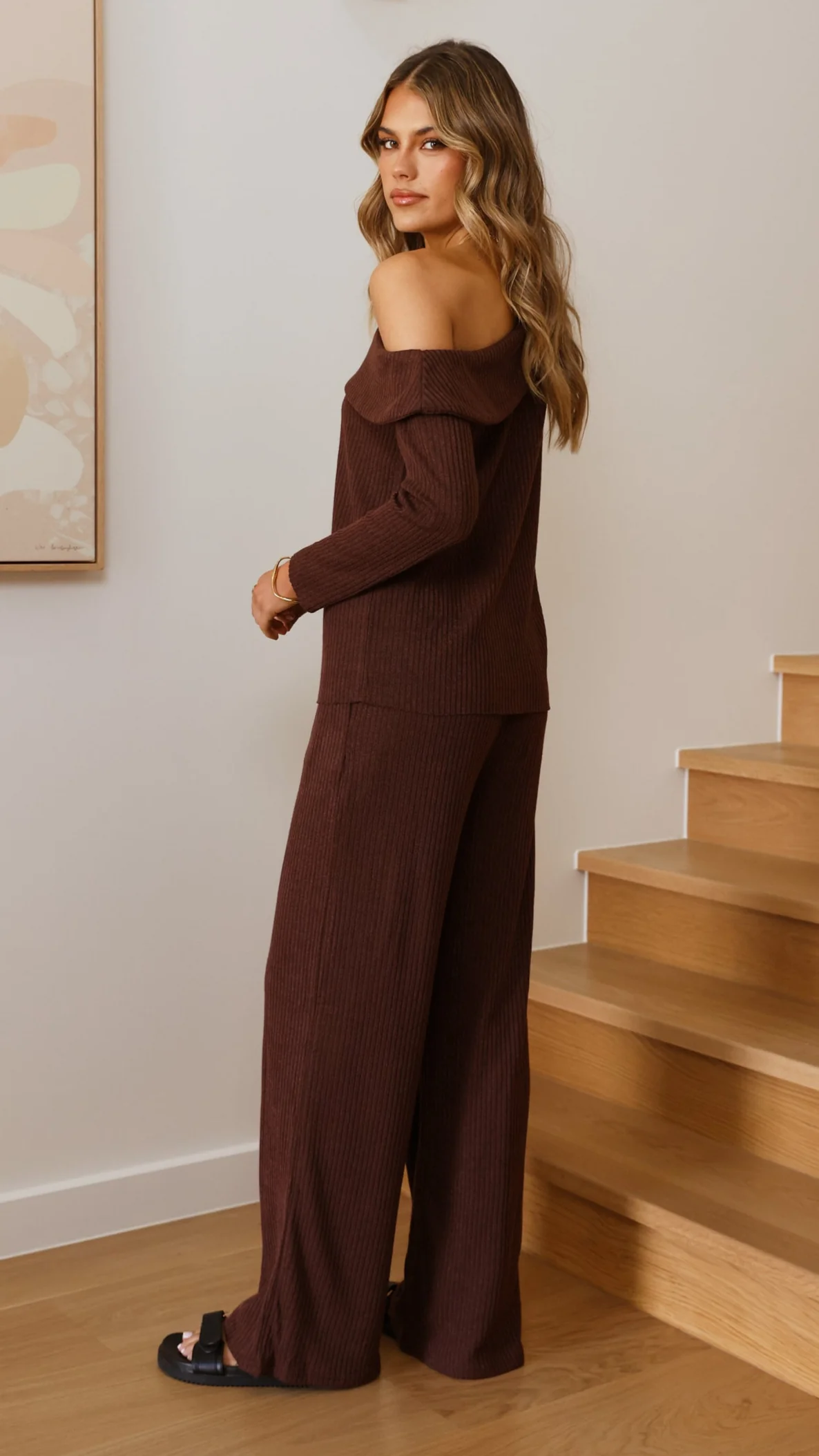Harini Off Shoulder Long Sleeve Top and Pants Set - Chocolate