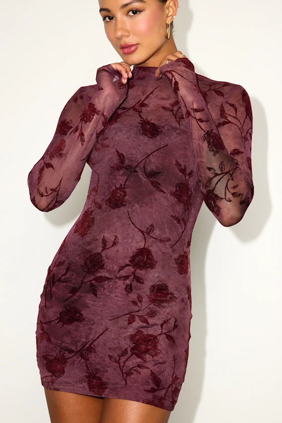 Seranda Burgundy Floral Mesh Mock Neck Mini Dress