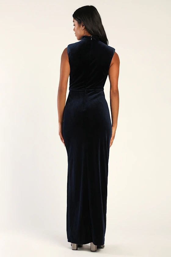 Alluring Image Navy Blue Ruched Velvet Mock Neck Maxi Dress