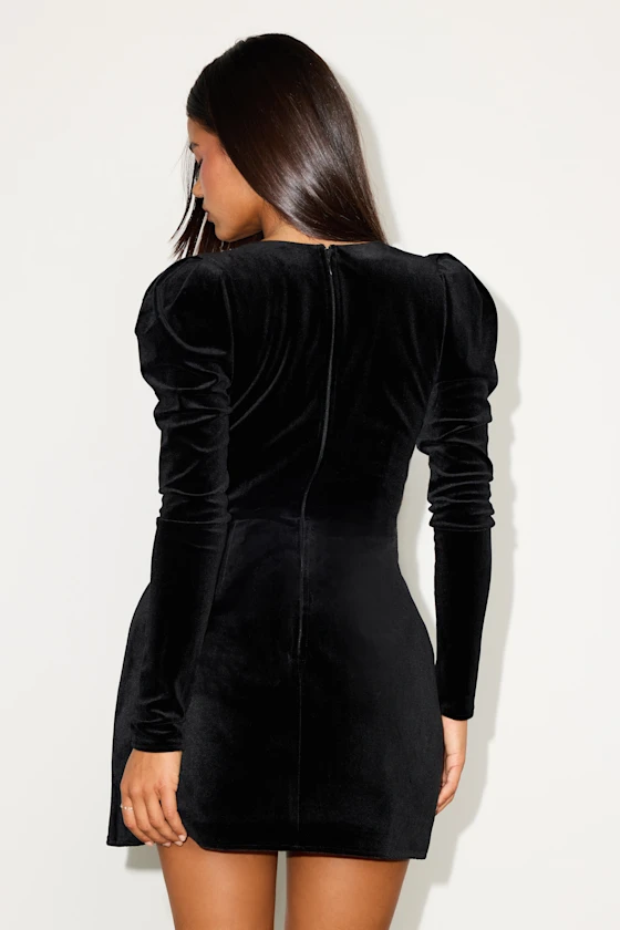 Ioanna Black Velvet Rhinestone Long Sleeve Mini Dress