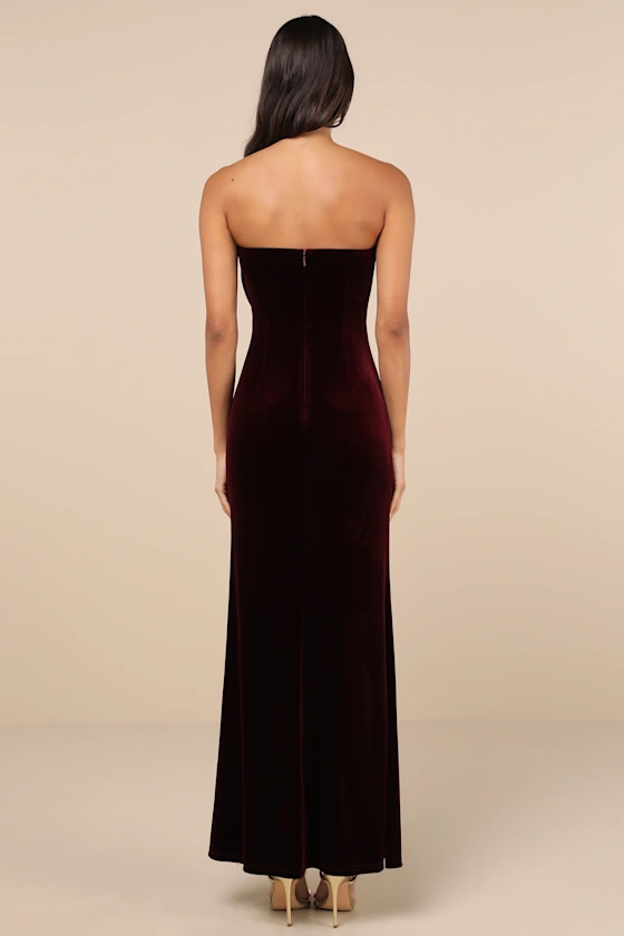 Dramatic Stunner Burgundy Velvet Bow Strapless Maxi Dress