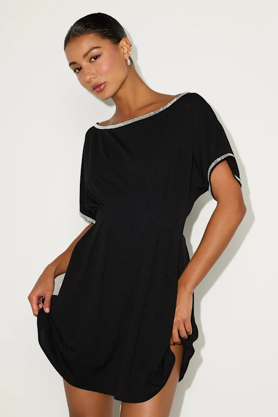 Dessen Black Rhinestone Trim Short Sleeve Mini Dress