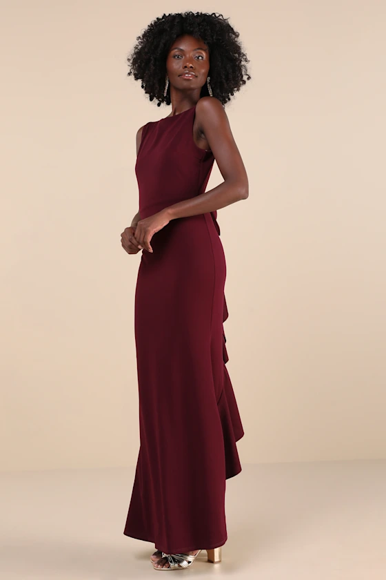 Exquisite Refinement Plum Purple Backless Bow Ruffled Maxi Dress
