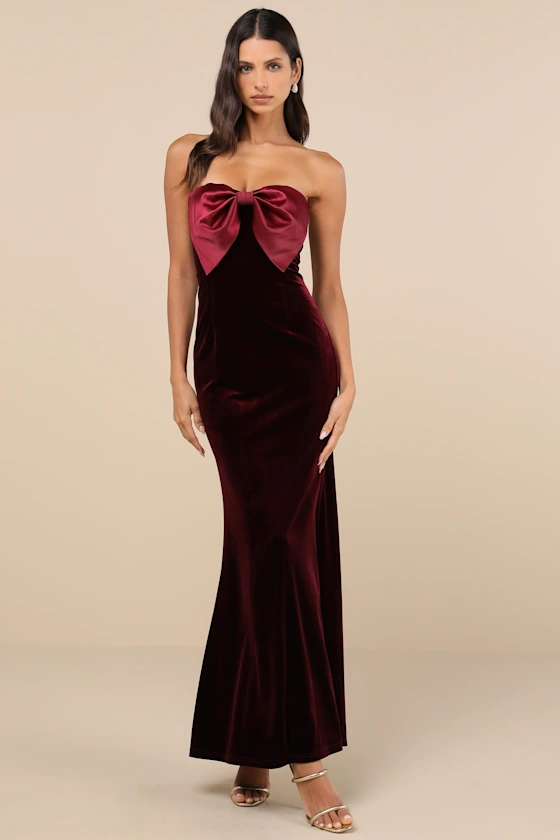 Dramatic Stunner Burgundy Velvet Bow Strapless Maxi Dress