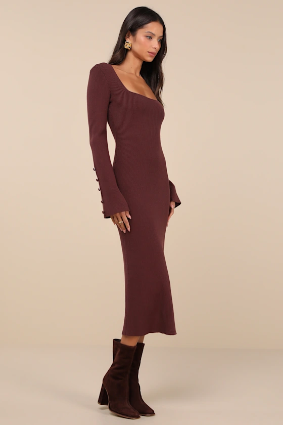 Classy Attitude Brown Ribbed Square Neck Midi Sweater Dress