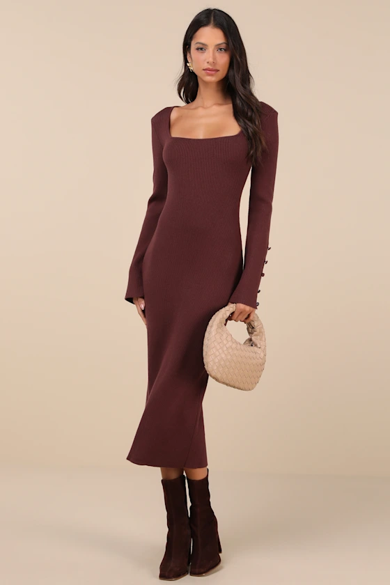 Classy Attitude Brown Ribbed Square Neck Midi Sweater Dress