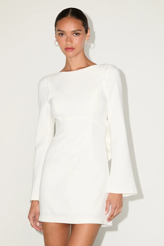 Elegant Cutie Ivory Bow Long Sleeve Backless Mini Dress