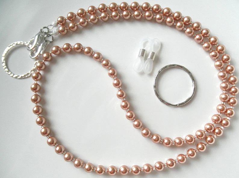 Eyeglass Lanyard Necklace, Rose Gold Crystal Pearls, Glasses Chain, Glasses Necklace, Women's ID Badge Holder, Sunglasses Chain