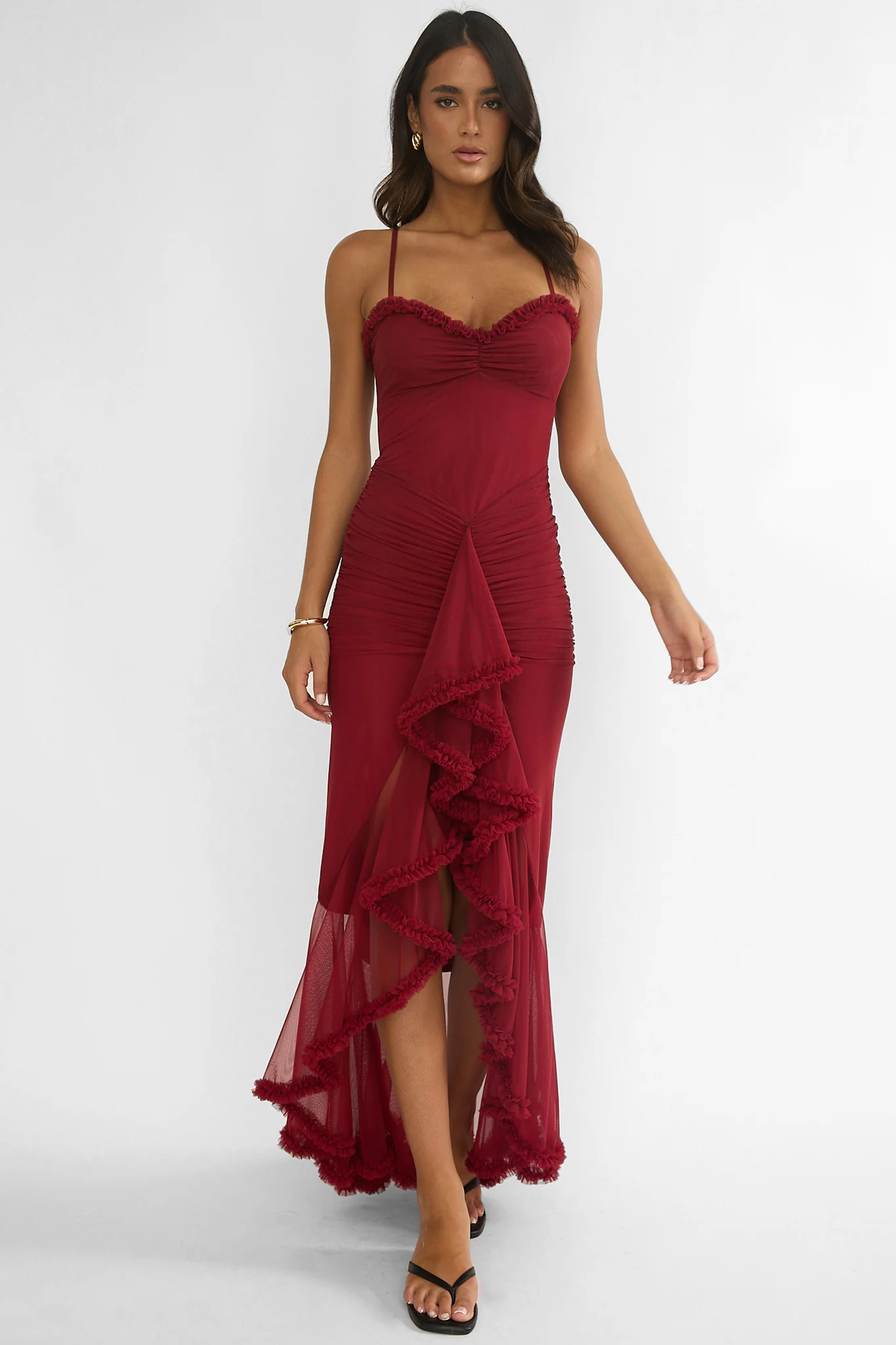 Noelia Gathered Waist Frill Trim Maxi Dress Wine