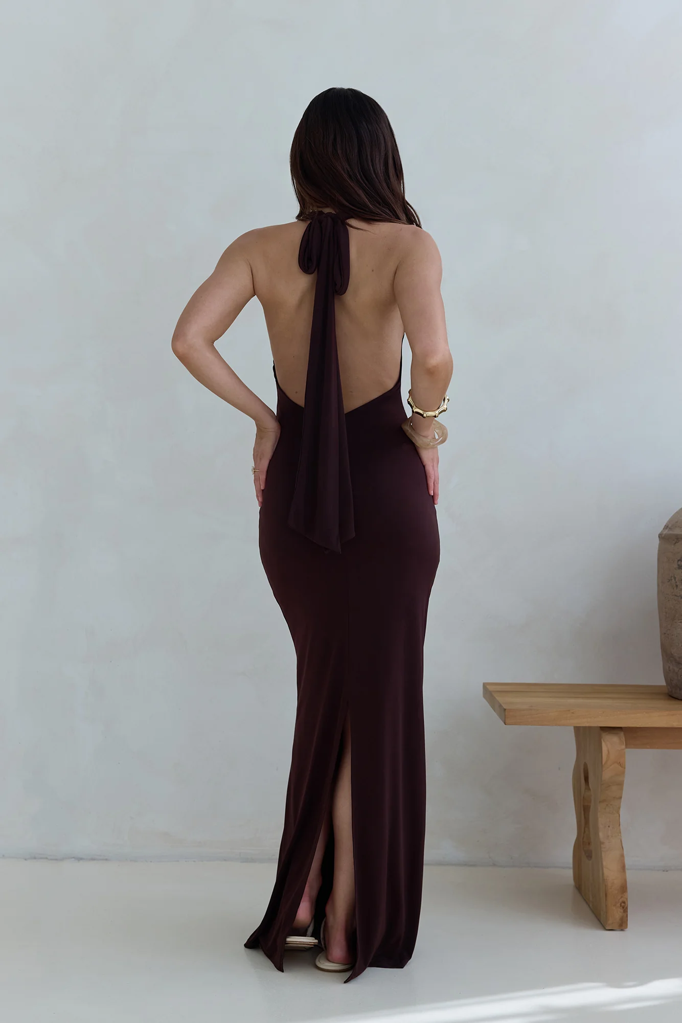 Iconic Evening Halter Maxi Dress Brown