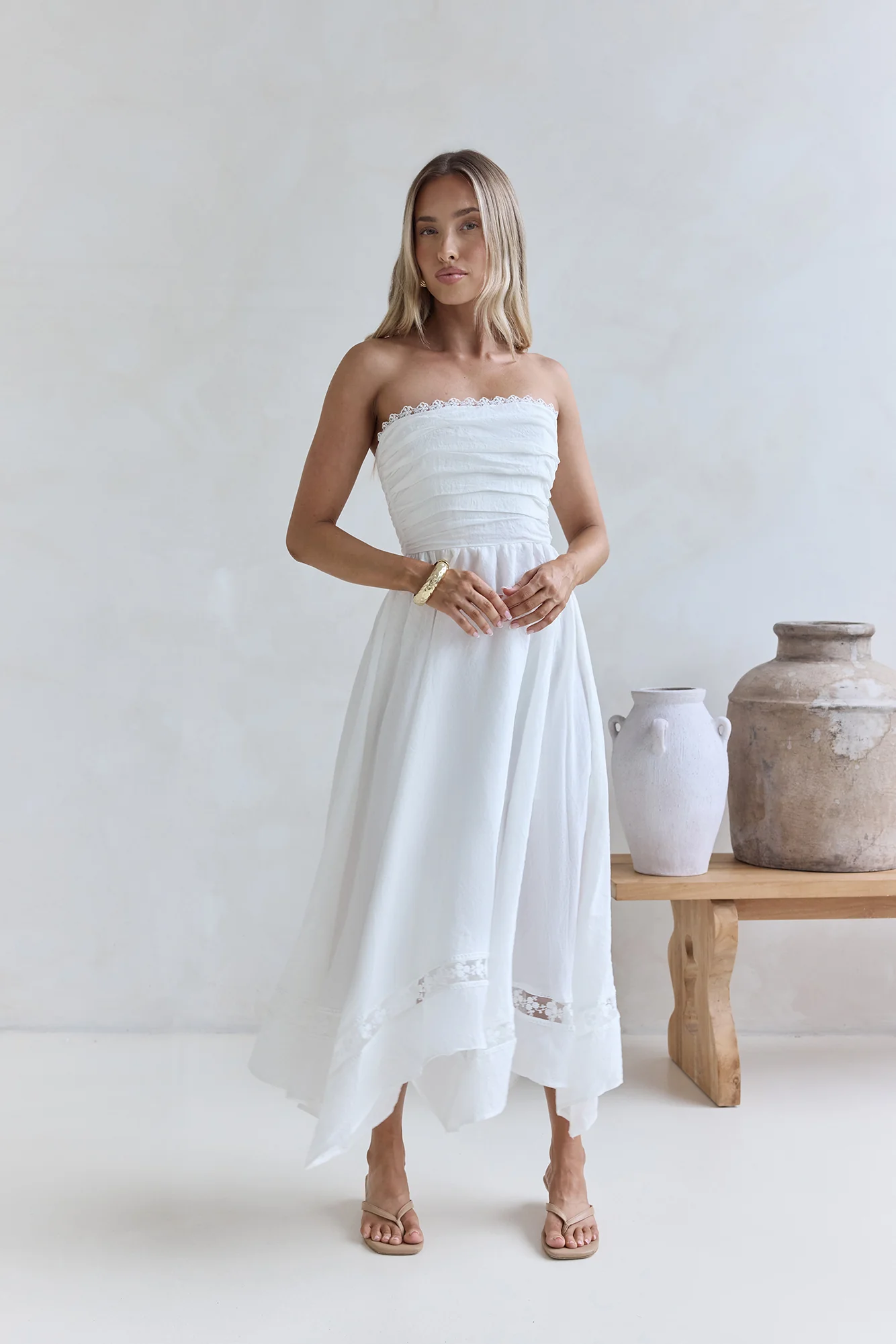 Lucia Strapless Midi Dress White