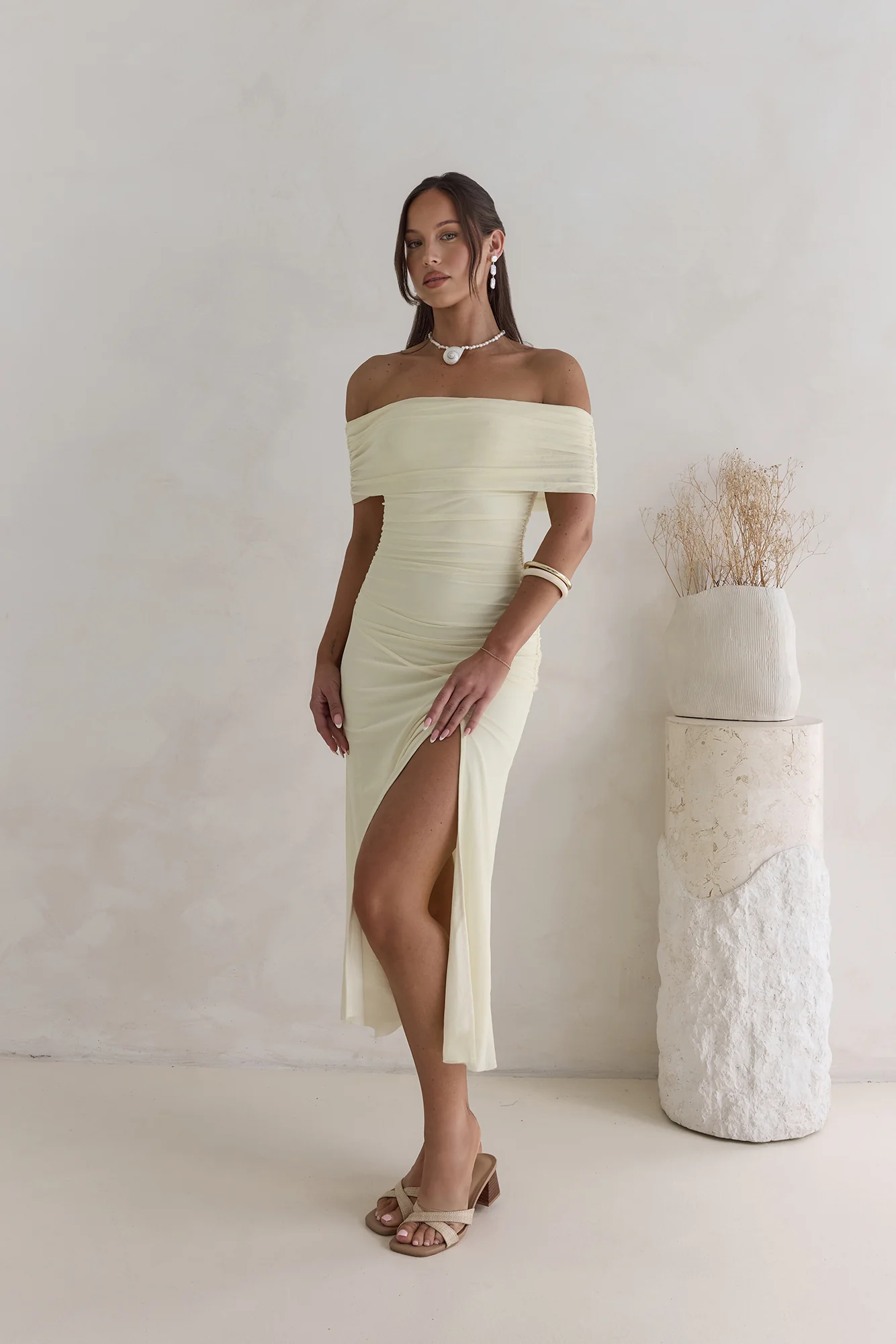 Santorini Strolls Off Shoulder Midi Dress Yellow