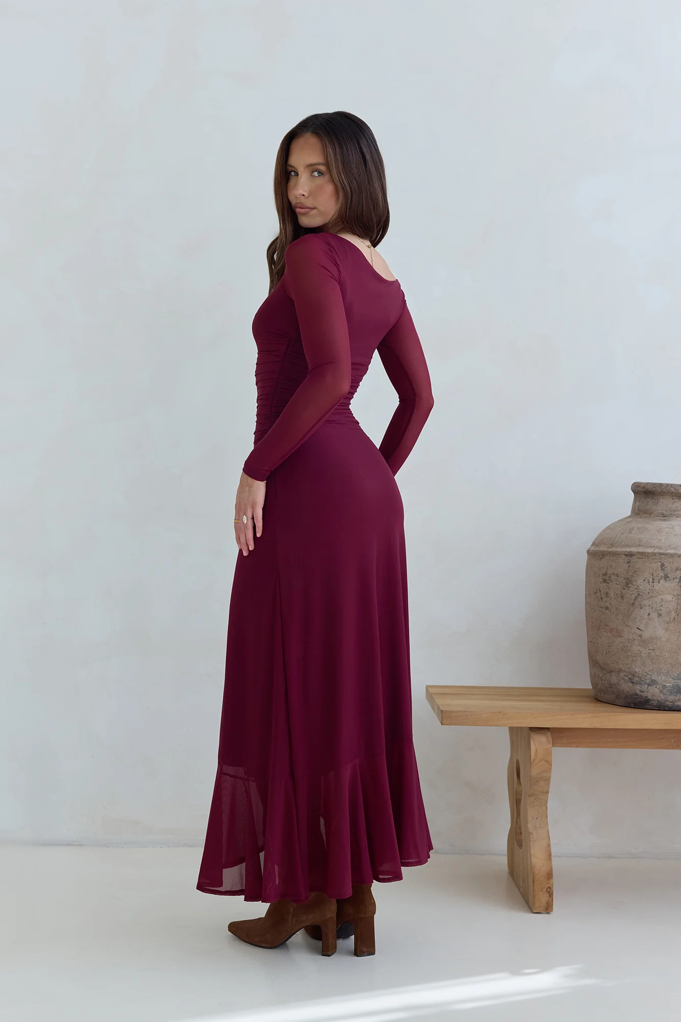 Whispered Secrets Mesh Long Sleeve Maxi Dress Wine