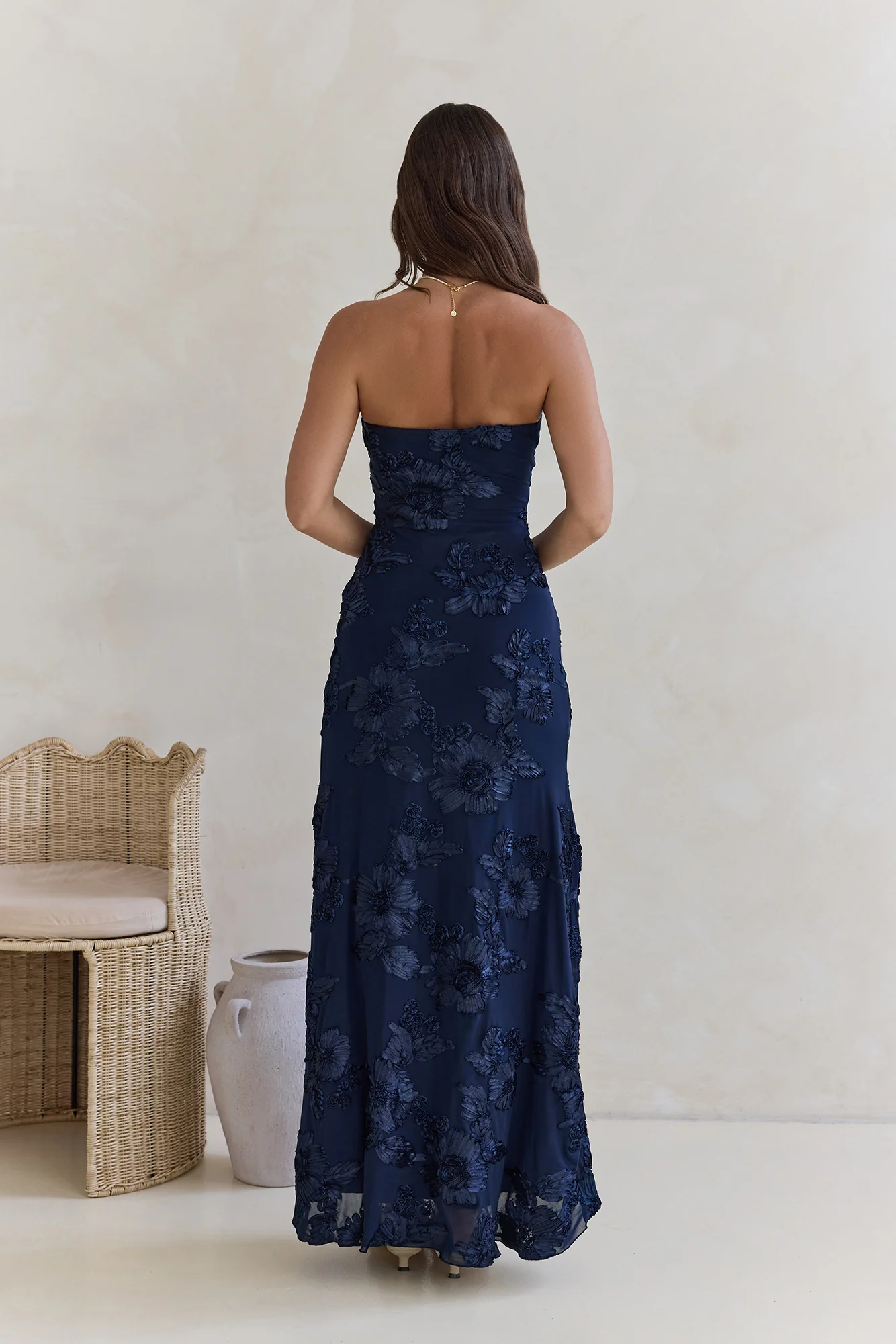Under A Spell Strapless Mesh Maxi Dress Navy