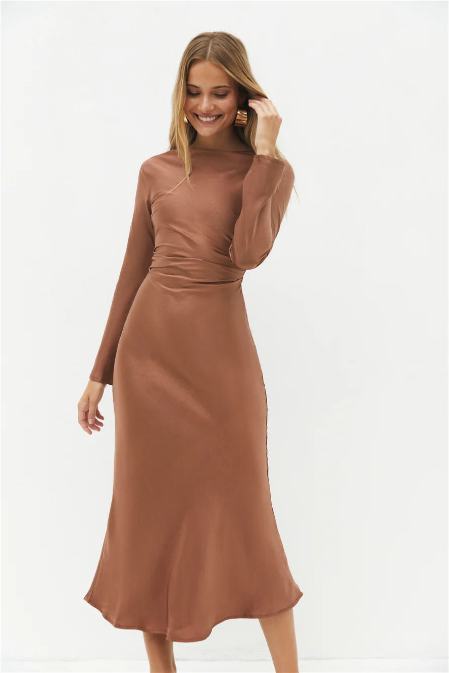 The Forget Me Not Satin Maxi Dress Brown