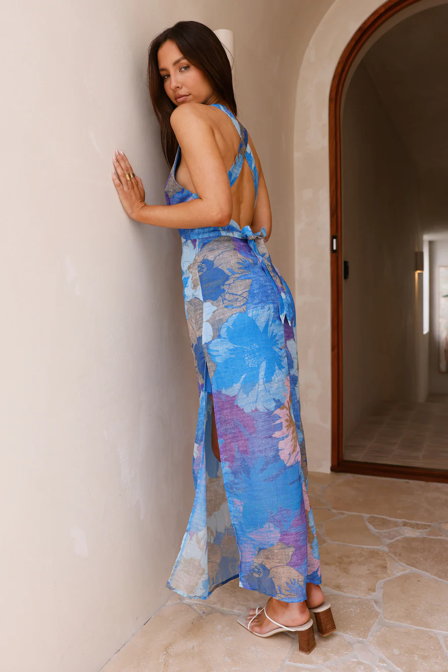 Tropical Retreat Halter Maxi Dress Blue