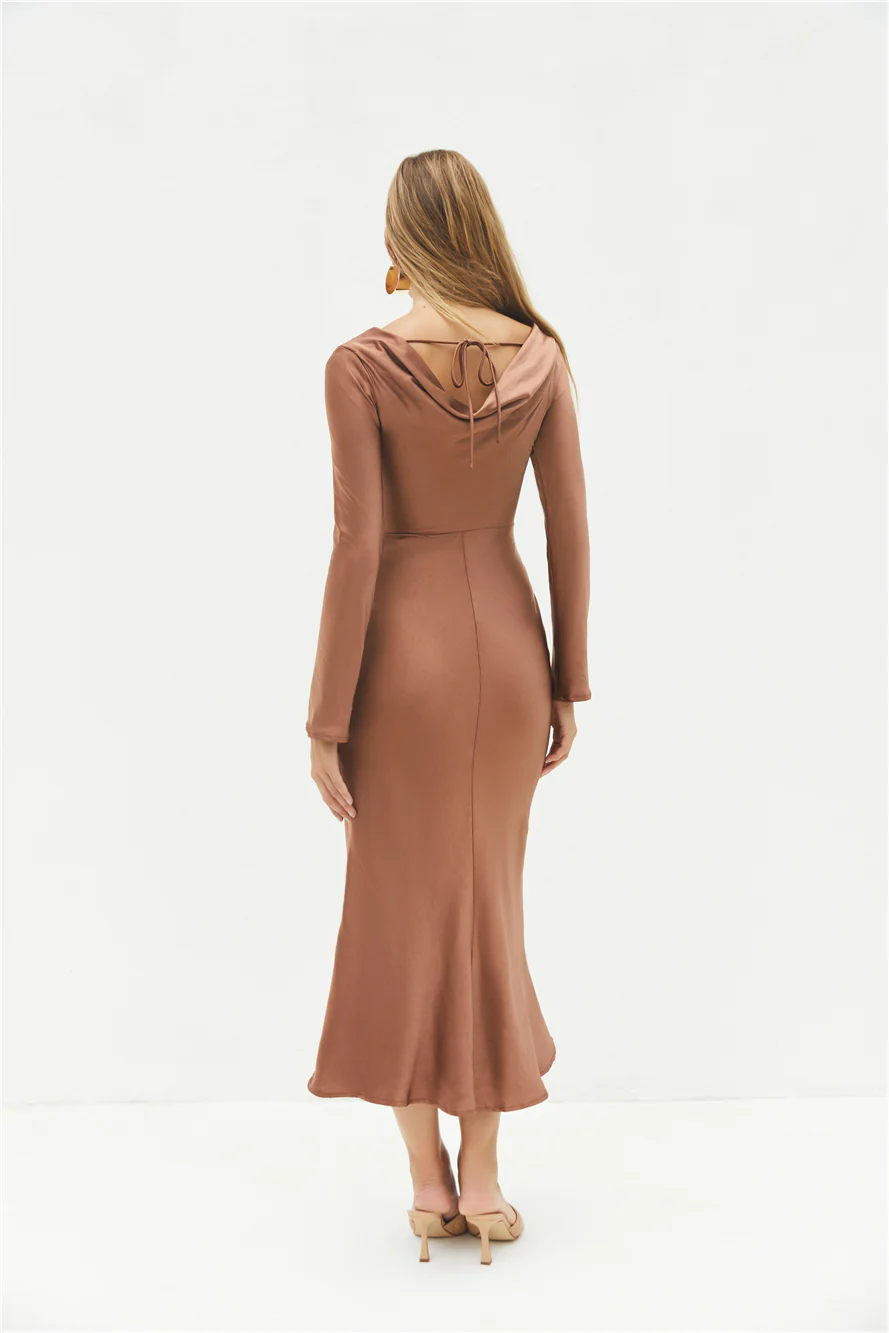 The Forget Me Not Satin Maxi Dress Brown