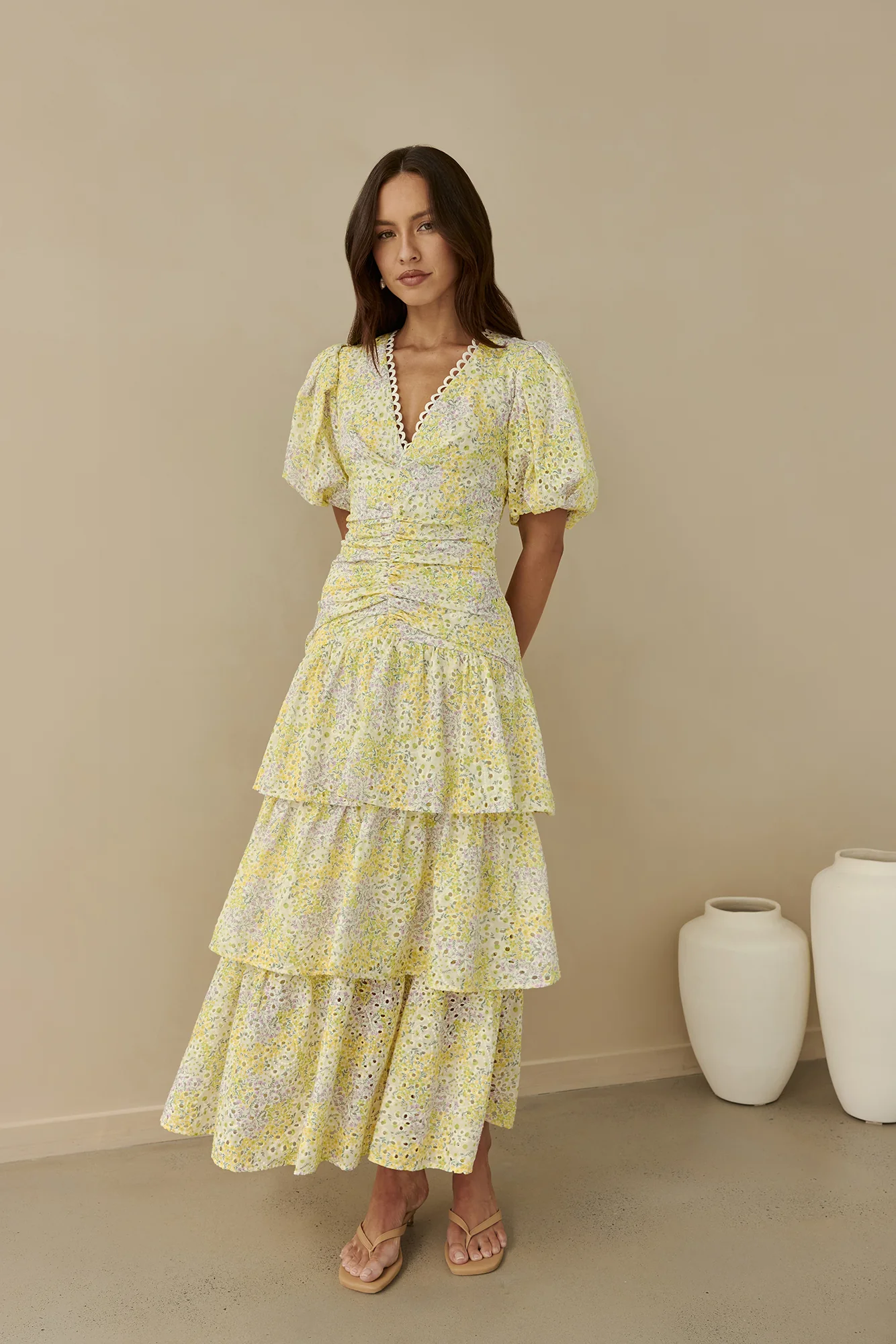 Corinna Tiered Maxi Dress Lemon