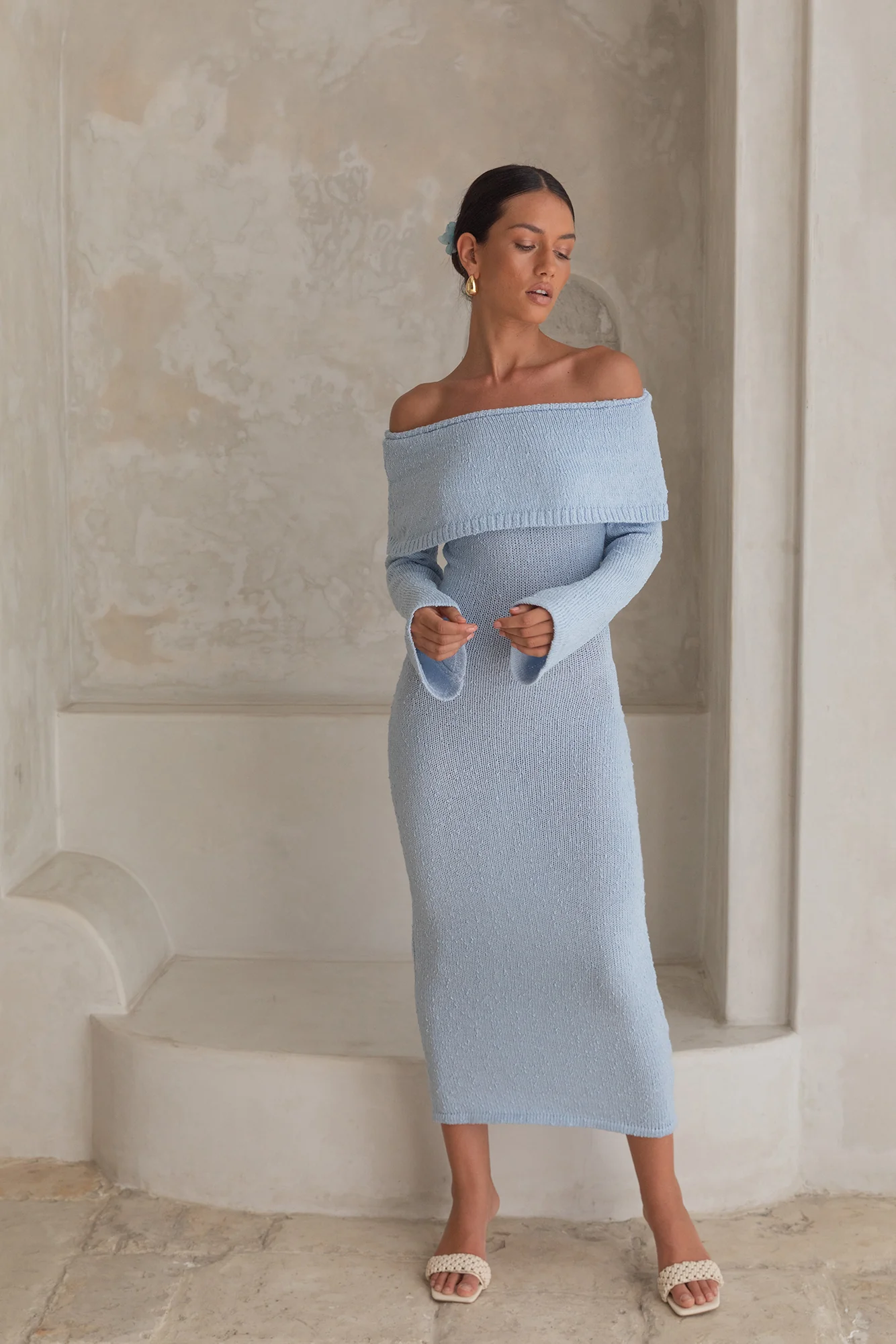 Cabana Crush Off Shoulder Knit Midi Dress Blue