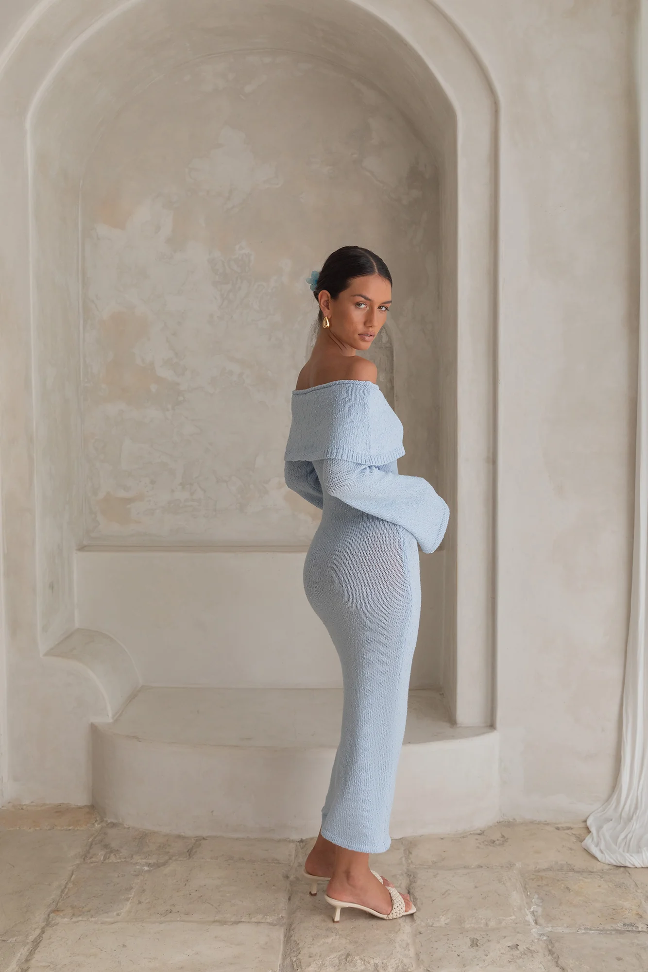 Cabana Crush Off Shoulder Knit Midi Dress Blue