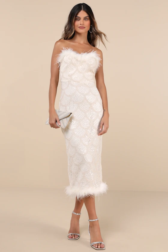 Uniquely Confident Cream Lace Feather Strapless Midi Dress