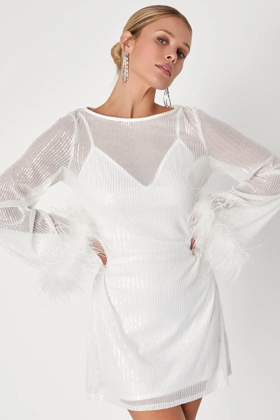 Marvelous Energy White Sequin Mesh Long Sleeve Mini Dress