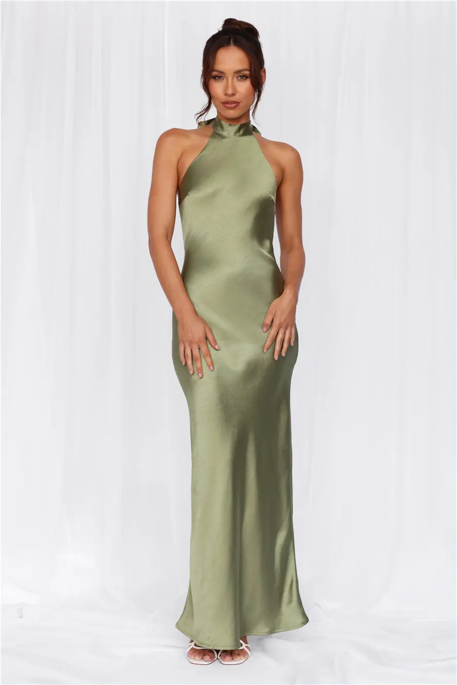 The Cleo Halter Satin Maxi Dress Olive
