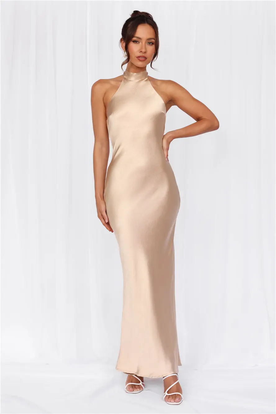 The Cleo Halter Satin Maxi Dress Champagne