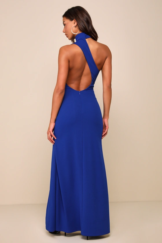 Keep It Interesting Cobalt Asymmetrical Cutout Halter Maxi Dress