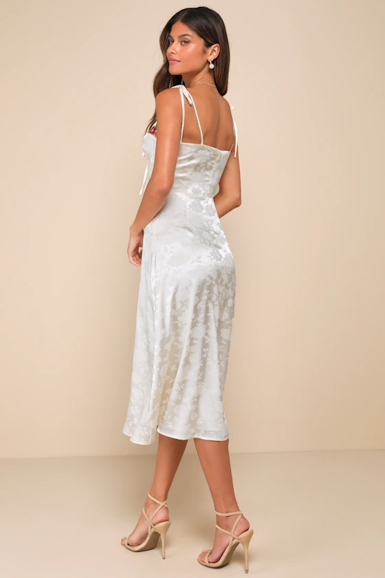 Ethereal Muse Cream Satin Jacquard Embroidered Midi Dress