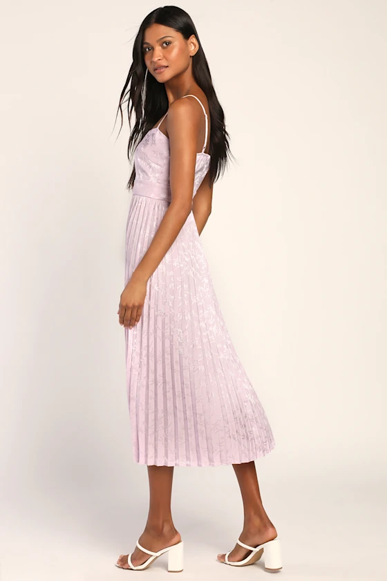 Regal Romance Lavender Floral Jacquard Pleated Satin Midi Dress
