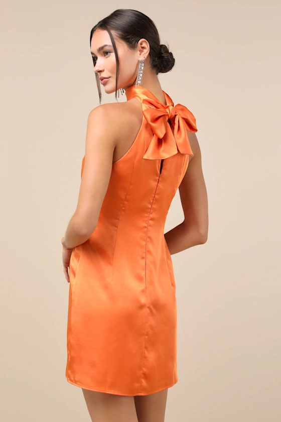 Infinite Admiration Orange Satin Halter Mini Dress