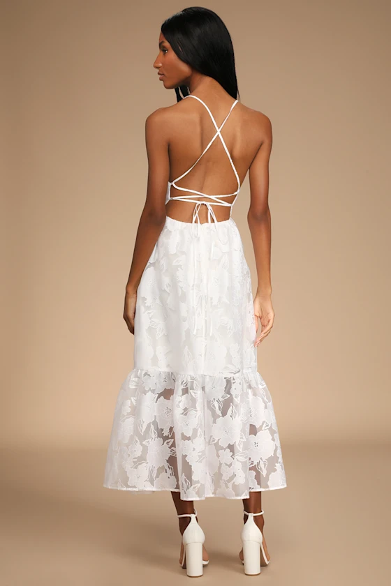 Feeling Like Forever White Jacquard Organza Lace-Up Midi Dress