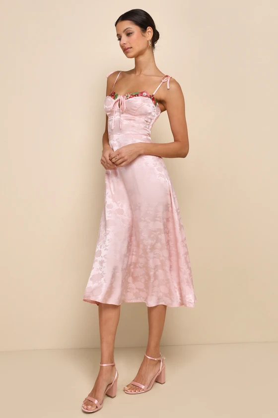 Ethereal Muse Light Pink Satin Jacquard Embroidered Midi Dress