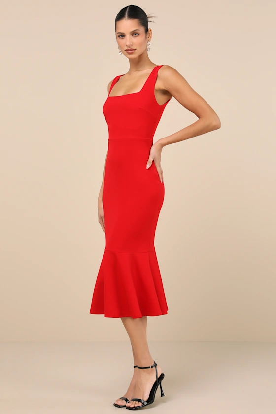 Moment Maker Red Square Neck Trumpet Midi Dress