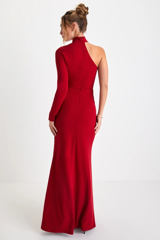 Keep It Interesting Red Cutout One-Shoulder Maxi Dress