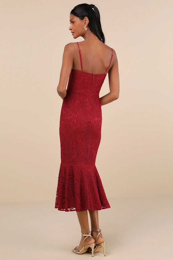 Found Your Love Wine Red Lace Sleeveless Trumpet Midi Dress