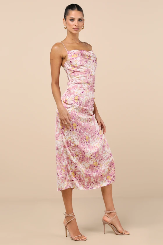 Truest Romance Pink Floral Print Sleeveless Ruched Midi Dress