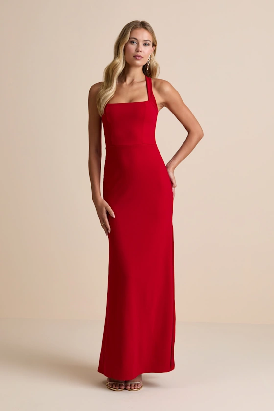 Perfectly Demure Red Backless Column Maxi Dress