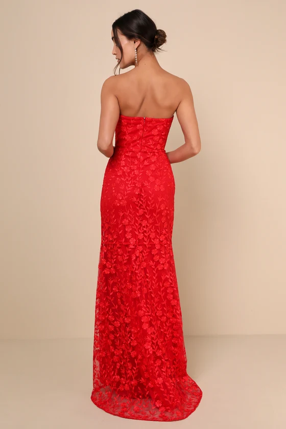 Romantic Beauty Red Floral Embroidered Strapless Maxi Dress